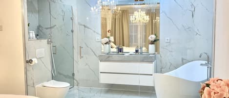 Bathtub, hair dryer, bathrobes, bidet