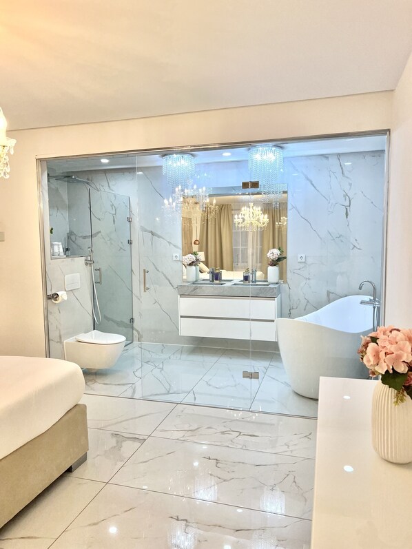Bathtub, hair dryer, bathrobes, bidet