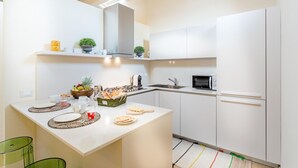 A modern kitchen with white cabinetry, a central island with a fruit bowl and bread, and a microwave.