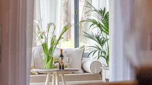 Un accogliente soggiorno con un divano, un tavolino con una bottiglia e dei bicchieri, e un vaso di fiori bianchi.