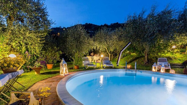 A swimming pool with a curved edge, surrounded by a garden with potted plants and outdoor furniture. - Villa Pallina in Aquilea (Lucca)
