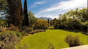 A well-maintained garden with a variety of trees and shrubs, a neatly trimmed lawn, and a clear view of distant mountains under a blue sky. - Villa D Amico in Lucca (Lucca)