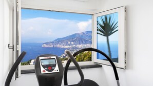 A stationary bike with a control panel, a window with a scenic view of a coastline, and a framed picture of a palm tree. - Casa Augusta A in Sorrento (Sorrento)