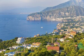 A coastal town with buildings on a hillside overlooking the sea, a prominent cliff, and a small boat in the water. - Casa Augusta A in Sorrento (Sorrento)