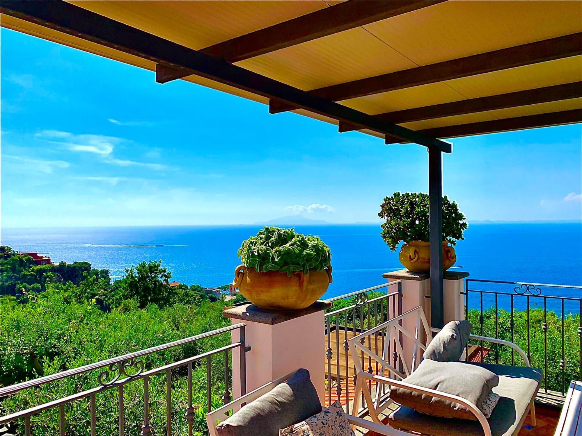 Uma varanda com vista para o mar, um vaso de planta e uma cadeira com almofadas.