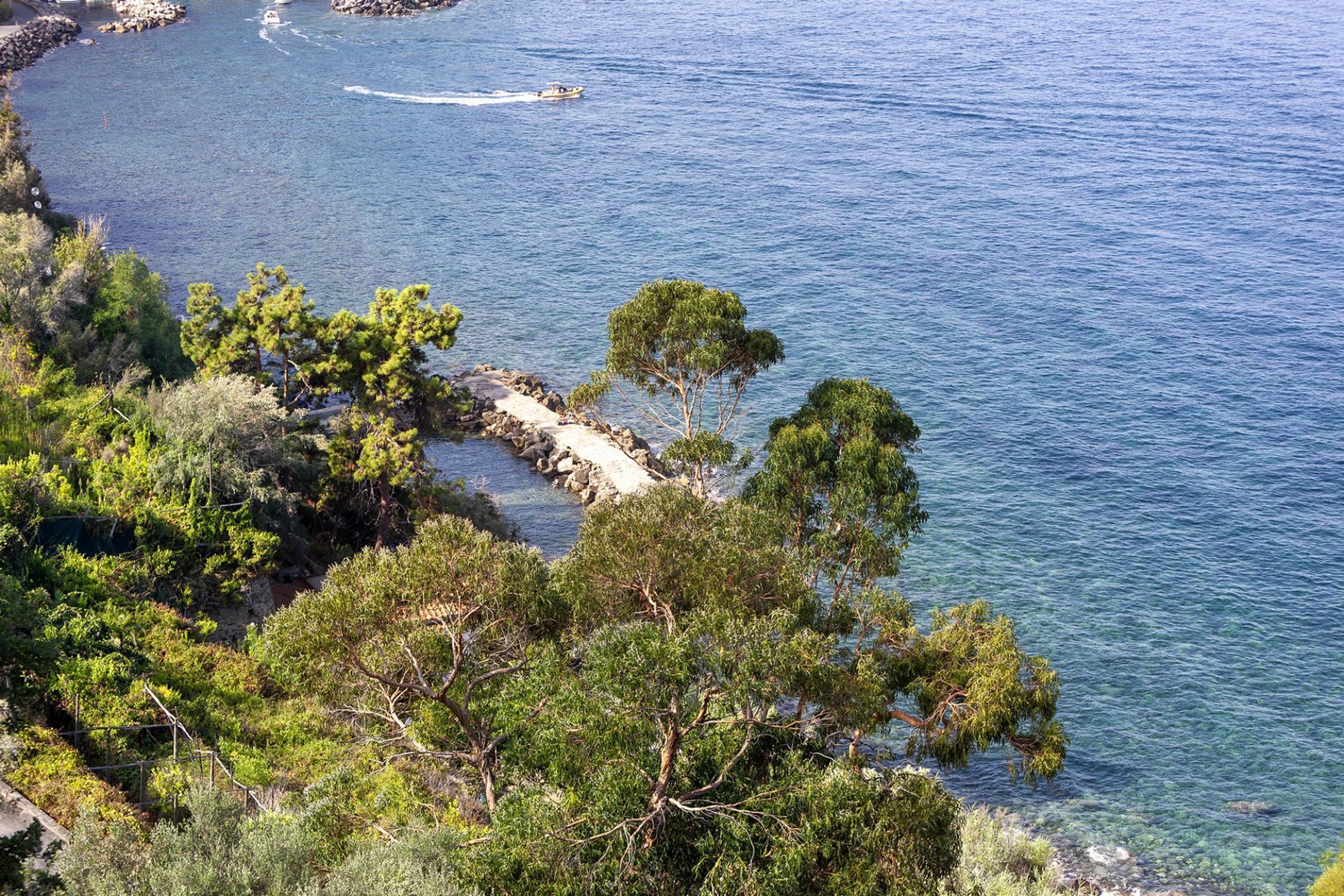 A coastal landscape with a rocky shoreline, dense greenery, and clear blue water.