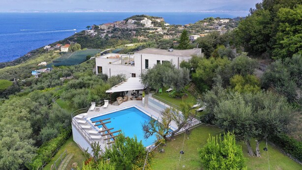 A villa with a swimming pool surrounded by lush greenery and overlooking a coastal town. - Villa Elia in Massa Lubrense (Massa Lubrense)