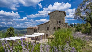 Um edifício de pedra com terraço e área de estar ao ar livre, rodeado por vegetação e lavanda.