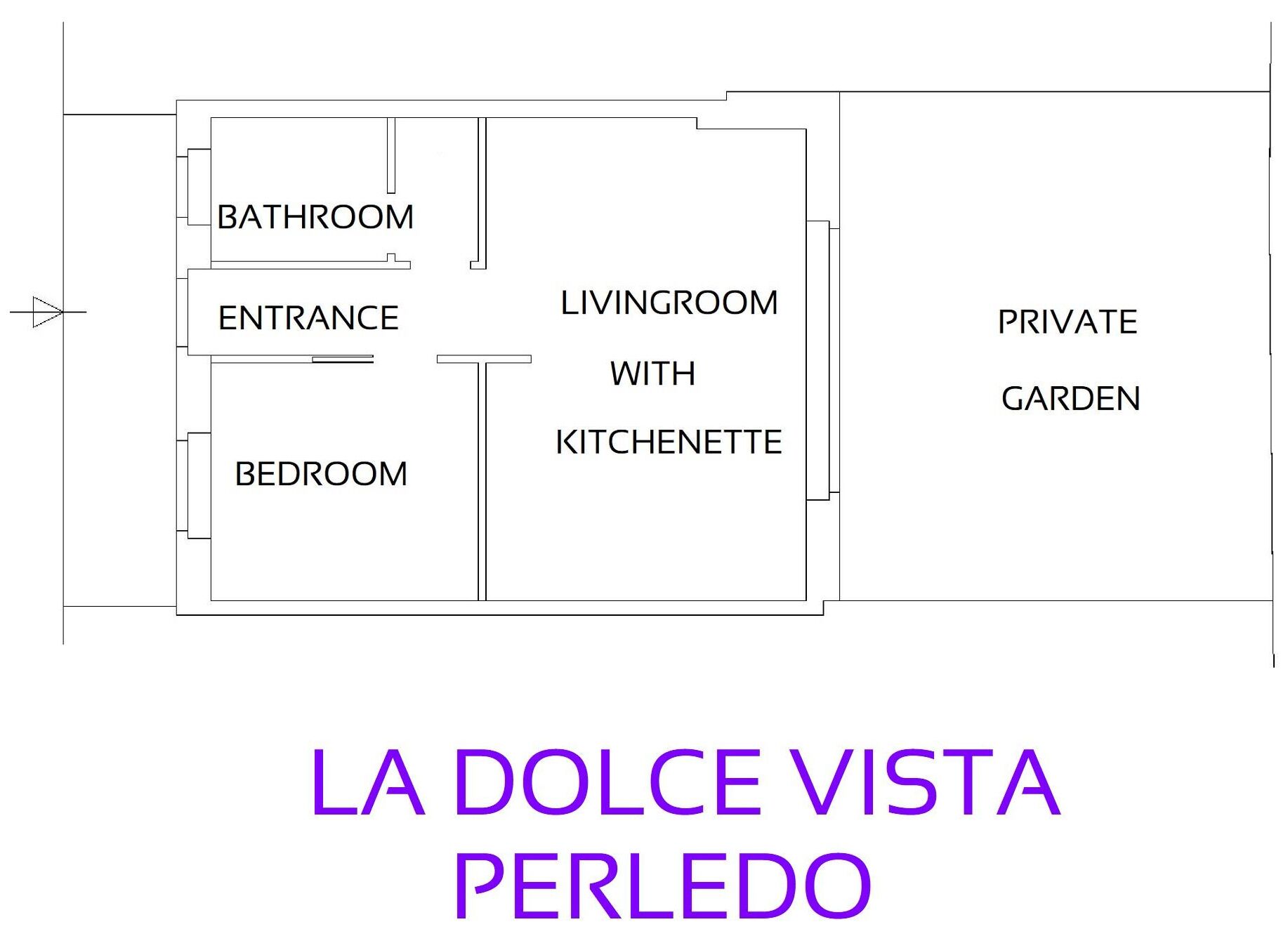 Plan d’étage d’une propriété nommée « LA DOLCE VISTA PERLEDO », avec indication des différentes pièces, notamment une salle de bain, une entrée, une chambre, un salon avec coin cuisine et un jardin privé.