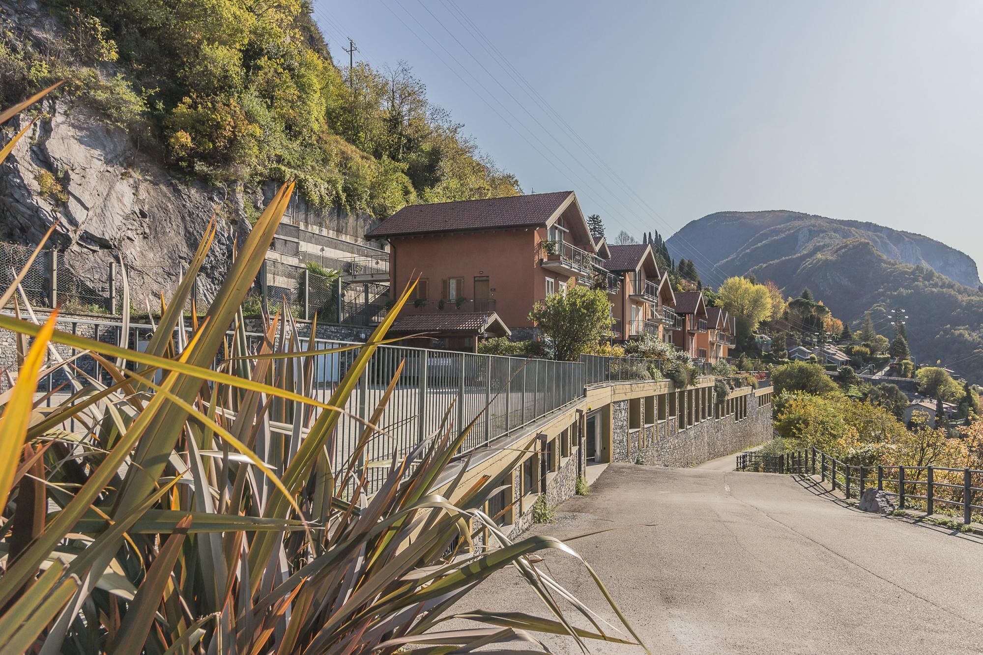 A hillside residential area with houses, a paved road, and a rocky cliff.
