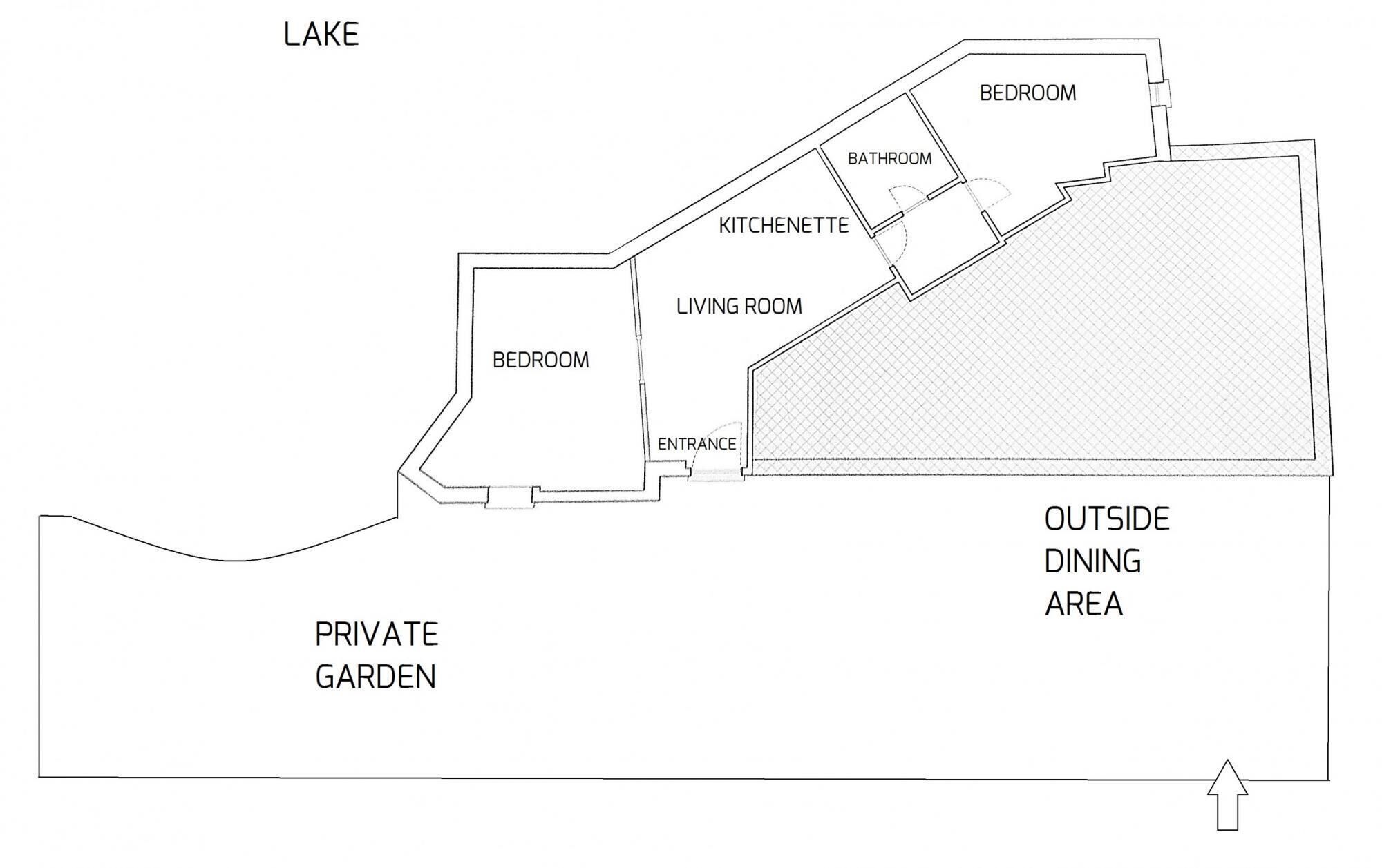 A floor plan of a property with a private garden, a lake, a dining area, and a bedroom.