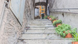 Un escalier étroit en pierre, avec des plantes en pot disposées sur les marches, mène à une porte.