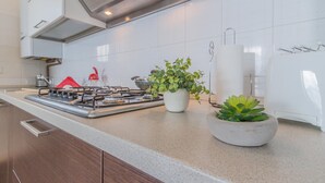 A modern kitchen with white cabinets, a stainless steel stove, and two potted plants on the counter. - Villa Lisander Varenna (Varenna)