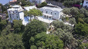 A large, multi-story building with a prominent balcony area, surrounded by lush greenery and overlooking a coastal area. - Villa Nina in Sorrento (Sorrento)
