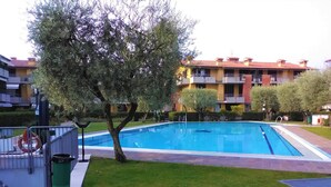 A swimming pool surrounded by a well-maintained lawn, with a tree in the foreground and a multi-story building in the background. - Villaggio dei Fiori - Viola (Sirmione)