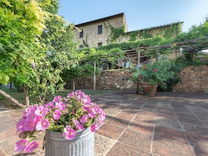 A courtyard with a stone wall, a pergola, and a building with ivy. - Apartment in Chianti With Pool ID 453 (Casole d'Elsa)