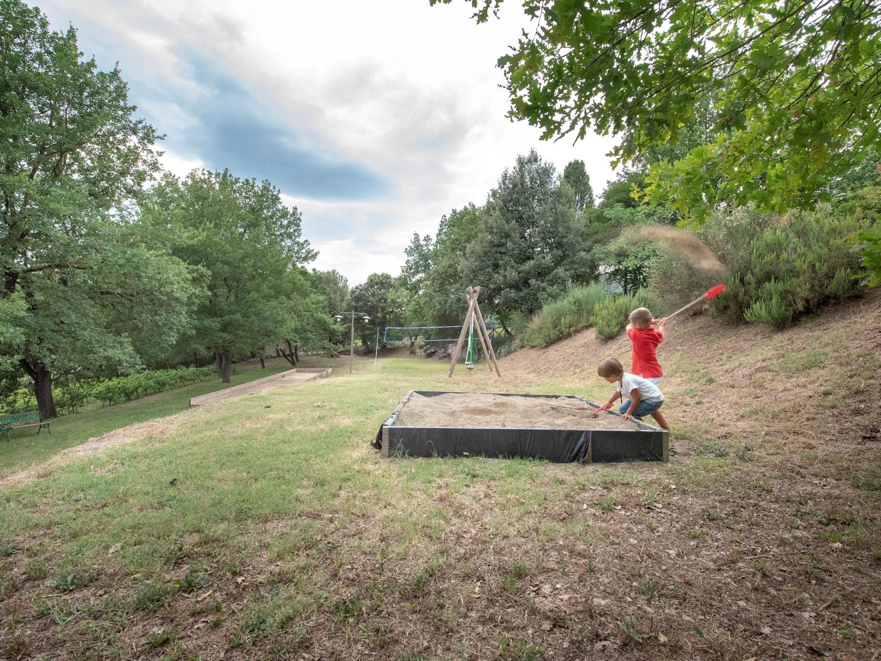 A grassy outdoor area with trees and a swing set.