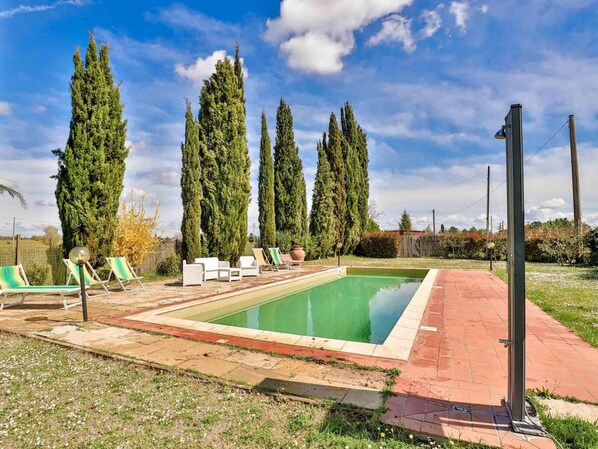 A rectangular swimming pool with a tiled deck, surrounded by tall cypress trees, and several lounge chairs. - Villa in Chianti ID 3807 (Colle di Val d'Elsa)
