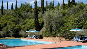 Piscina con sillas de descanso y sombrillas, rodeada de árboles y un muro de piedra.