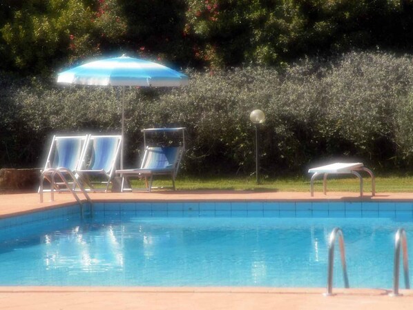 A swimming pool with lounge chairs and an umbrella. - Country House in Chianti With Pool ID 41 (Montaione)