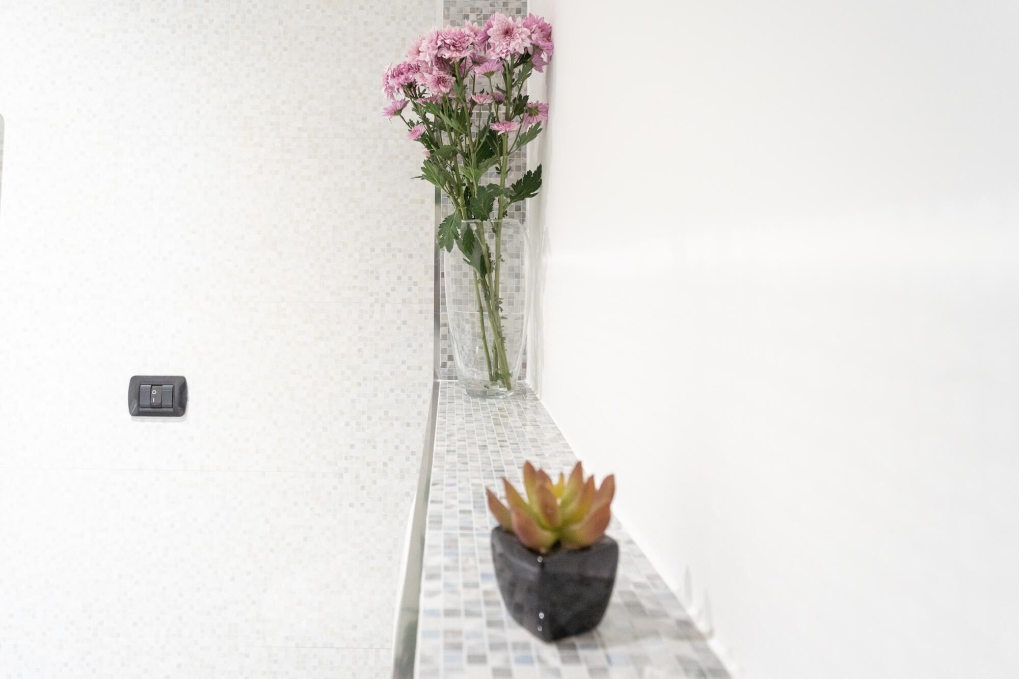 A bathroom with a tiled backsplash, a potted succulent, and a vase of pink flowers.