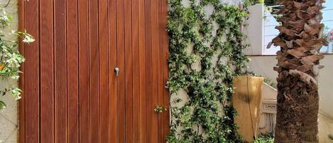 A wooden door with a metal handle, a wooden deck, and a wall with climbing plants.