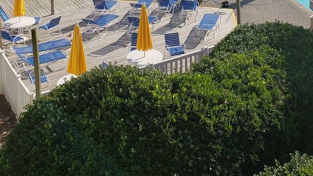 Una piscina con lettini e ombrelloni, circondata da un edificio a più piani con balconi.