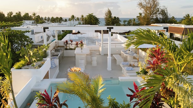 A rooftop pool area with a view of the ocean, surrounded by palm trees and modern outdoor furniture. - New York Times featured this Beachfront Penthouse w/Dior inspired Rooftop & Pool (Las Terrenas)