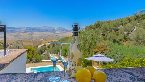 A bottle of Lolea Brut wine, two glasses, and lemons on a table with a pool and scenic view. - Casa de Juanito Viñuela by Ruralidays (Málaga)