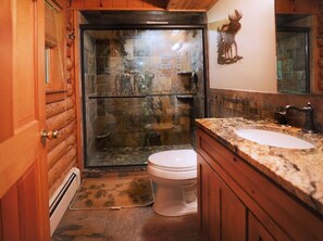 Combined shower/bathtub, hair dryer, towels, soap - Peaceful Moose - Lovely Home On 3 Acres ~ Great View ~ Screened-In-Porch!  (Bolton)