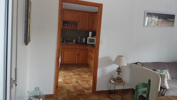 Un espacio habitable compacto con kitchenette, zona de comedor con mesa y sillas, y sofá.