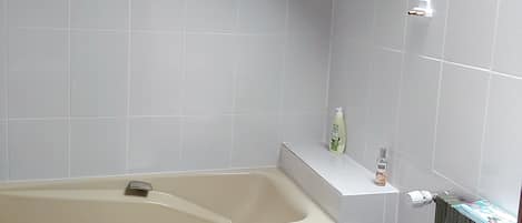 Badewanne, Haartrockner, Handtücher, Seife