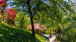 Un sentiero conduce a un edificio con tetto in tegole rosse, circondato da vegetazione lussureggiante e palme.