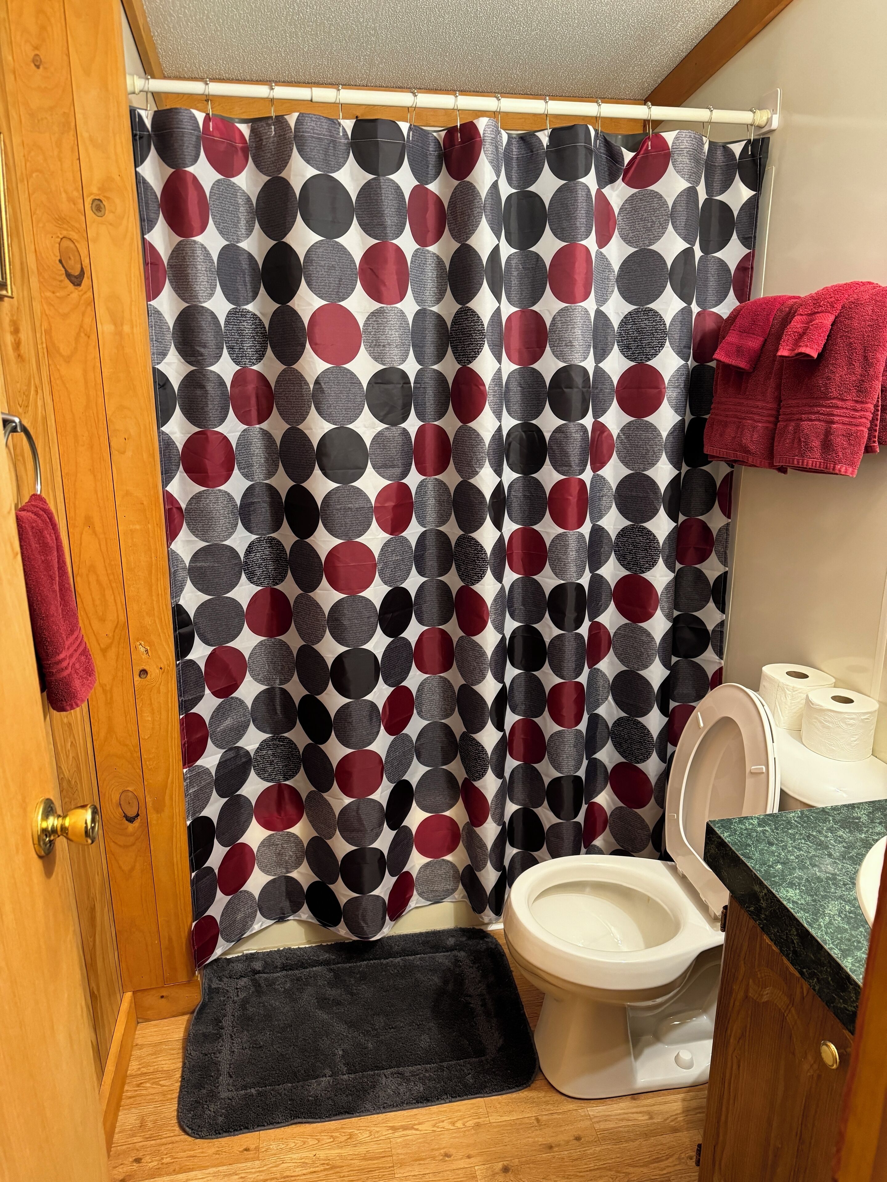 Une salle de bain avec un rideau de douche à pois, des toilettes et un tapis noir.