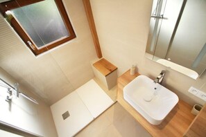 Douche, séchoir à cheveux, papier de toilette