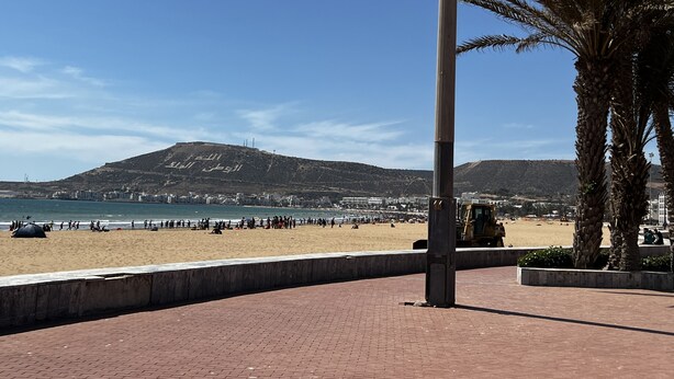 Een strand met een verharde promenade, palmbomen en een berg op de achtergrond.