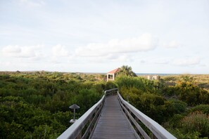 Une promenade en bois mène à une construction surmontée d’un toit rouge, qui se trouve au milieu d’une végétation luxuriante.