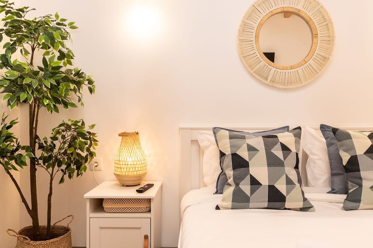 A bedroom with a bed, pillows, a nightstand with a lamp, a mirror, and a potted plant.