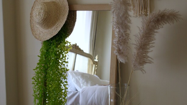 Une pièce comprenant un lit, un miroir, un chapeau accroché, une plante en pot et des objets décoratifs.