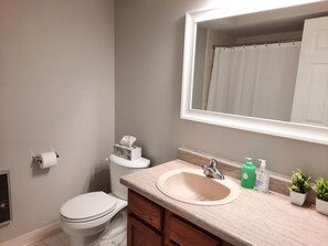 Combined shower/tub, towels, soap, toilet paper