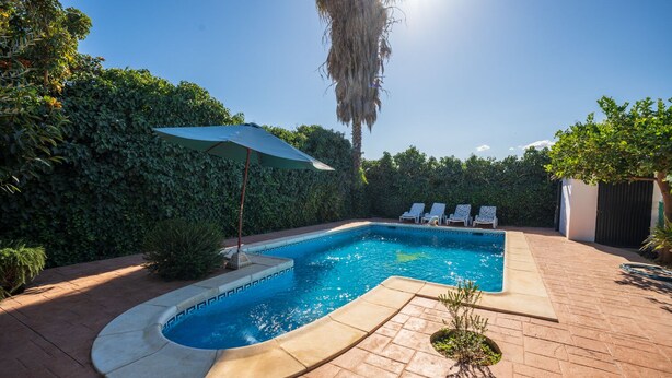 Una piscina rectangular amb un vorejador corbat, envoltada per un pati de maó. Hi ha gandules i un parasol verd.