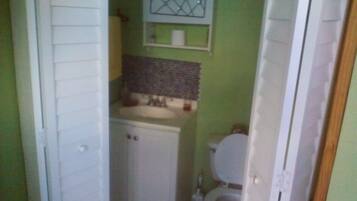 Combined shower/tub, soap, shampoo, toilet paper