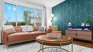 Smart TV, fireplace, DVD player, books