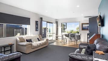 Televisie, een open haard, een dvd-speler en boeken