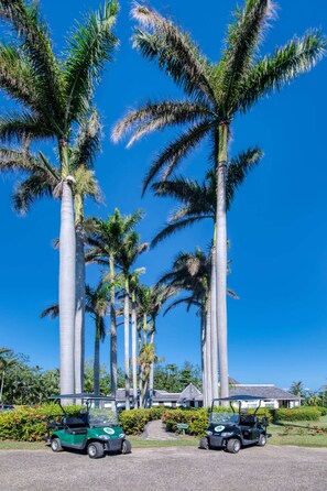A row of tall palm trees with a clear blue sky, a golf cart, and a building in the background. - Ultra-private villa on the fairway at world-famous Tryall Golf Club. (Sandy Bay)