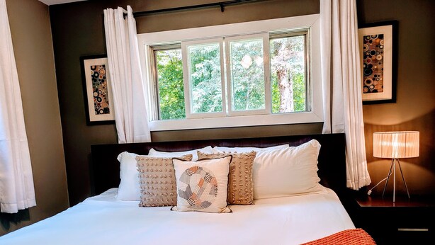 A neatly made bed with white linens and decorative pillows, a window with curtains, and a bedside lamp. - Dog-Friendly Boyne City Home | Game Room, Near Lake Charlevoix + Downtown (Boyne City)
