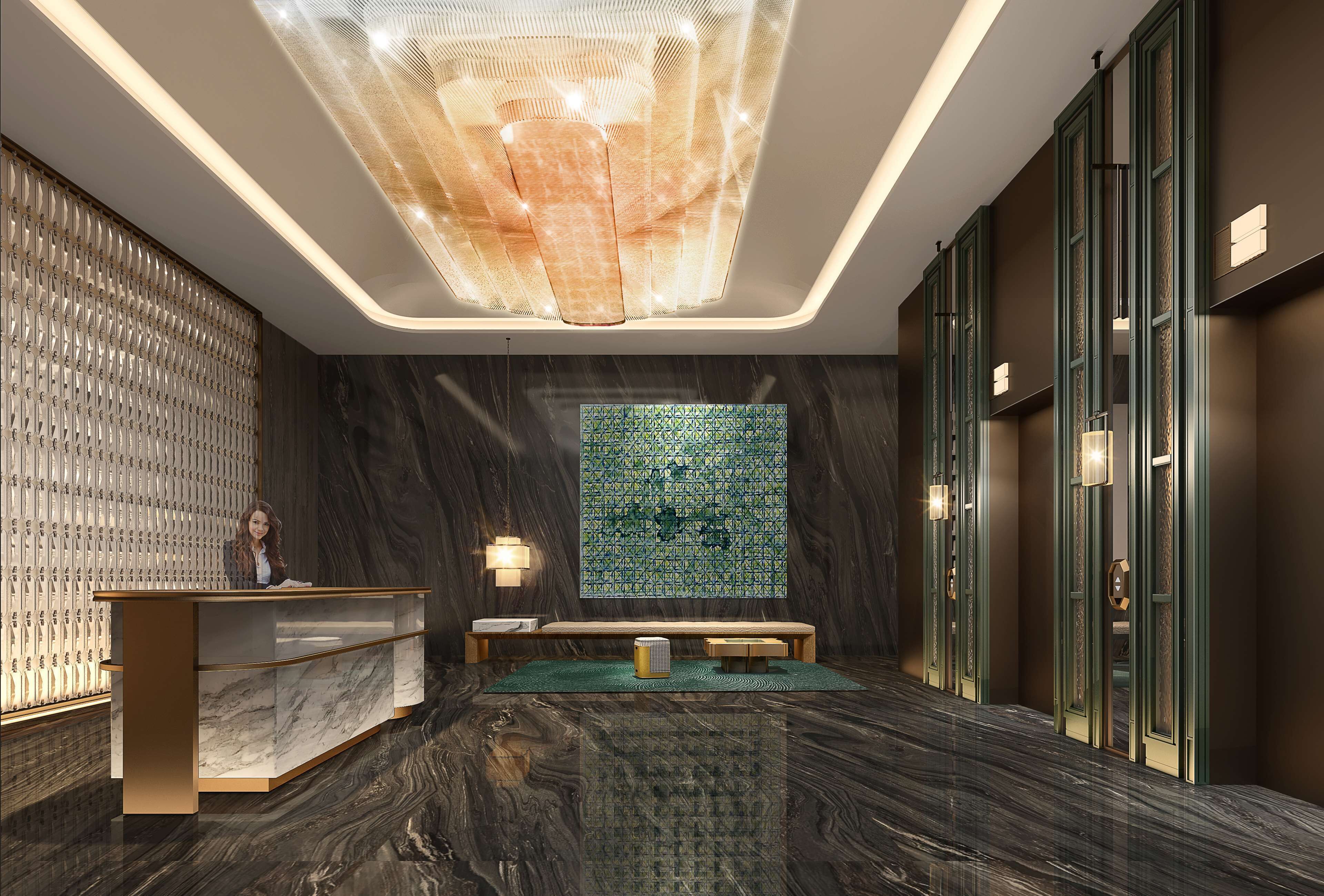 Un espace d’accueil moderne, doté d’un comptoir de réception en marbre, d’un mur orné de motifs et d’un luminaire au plafond.