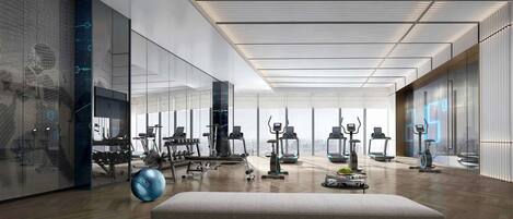 Un gimnasio moderno con diverso equipo de ejercicio, una banca y un amplio ventanal con vista a la ciudad.