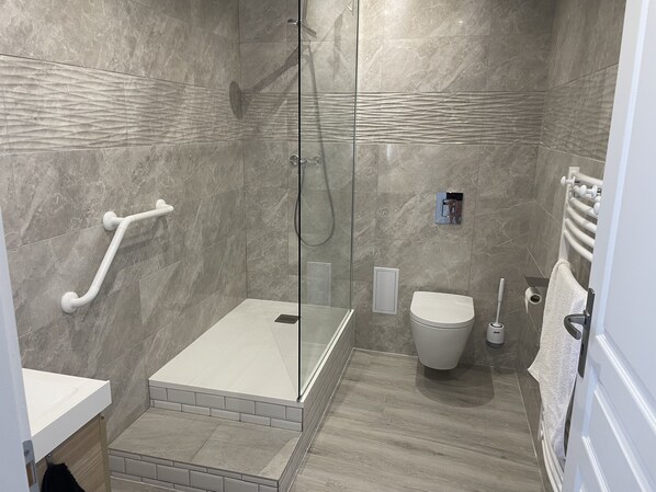 Regadera, toallas, papel de baño 