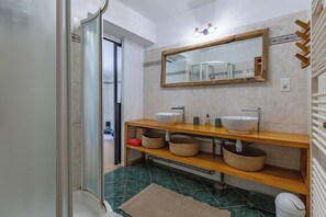 Shower, hair dryer, towels